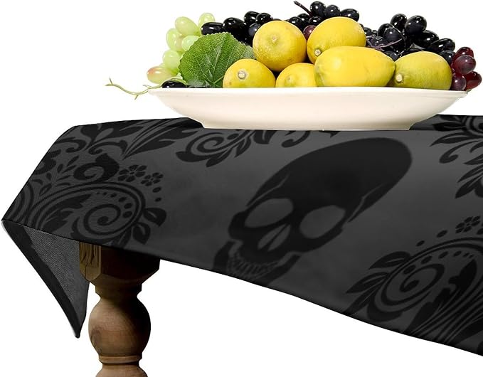 Gothic Black Damask Tablecloth, Vintage Floral Exotic Suger Skull Bohemian Antique Victorian Table Cloth Water Resistant Table Cover for Farmhouse Party Holiday Kitchen Dinner Table 55x75"