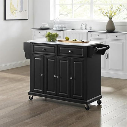 Crosley Furniture Full Size Stone Top Rolling Kitchen Island Storage Cart, Microwave Stand, Spice Rack, Black