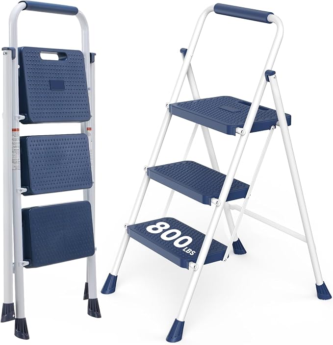 OLIXIS 3 Step Ladder, 880lbs Heavy Duty Step Stool with Anti-Slip Pedal | Portable Stepping Stool with Sturdy Ladder & Comfortable Handrail, for Kitchen, Garage & Outdoor Use, Blue