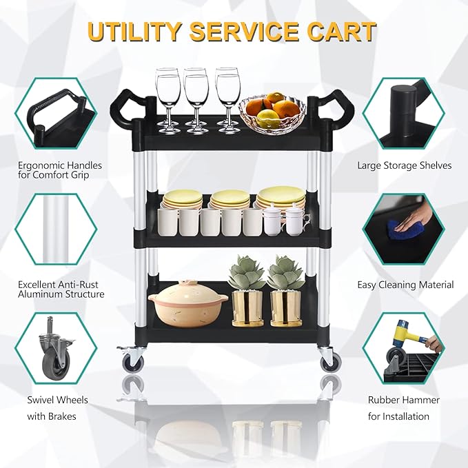 Plastic Utility Carts with Wheels, Heavy Duty 510lbs Capacity Rolling Service Cart, 3-Tier Restaurant Food Cart with Hammer for Office, Warehouse, Garage (2 Lockable Wheels, Black)