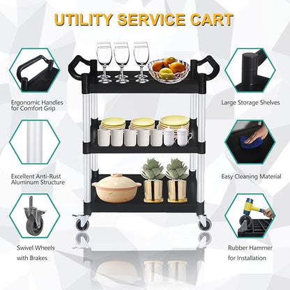Plastic Utility Carts with Wheels, Heavy Duty 510lbs Capacity Rolling Service Cart, 3-Tier Restaurant Food Cart with Hammer for Office, Warehouse, Garage (2 Lockable Wheels, Black)
