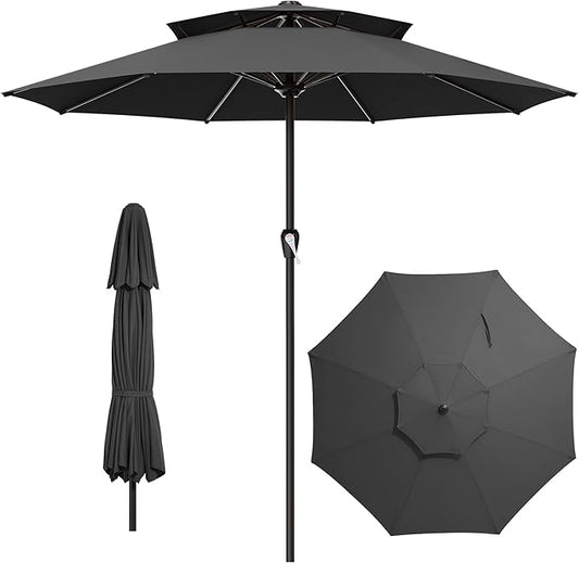 AreShark 12ft 2 Tiers Patio Umbrella - Outdoor Umbrella Waterproof UV Protection, Market Table Umbrella w/ 8 Sturdy Ribs&Crank for Pool, Porch, Garden(Black)