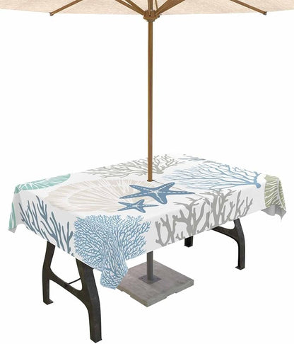 Coastal Outdoor Tablecloth - 60x102 Inch Rectangle Dining Table Cover, Blue Teal Coral Summer Beach Ocean Starfish Waterproof Outdoor Table Cloth with Umbrella Hole & Zipper for Picnic/Patio/Party