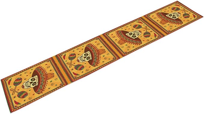 Cotton Linen Table Runner Mexican, Mexican Skull Cartoon Traditional Celebration Latino Rectangle Table Collection for Dinner Wedding Birthday Party 13x60 Inch