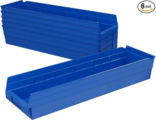 Akro-Mils 30164 Heavy Duty Plastic Shelf Bins, 24"x 6.5"x 4", Blue, 6-Pk | Heavy Duty Nesting Storage Bins for Garage, Closet, Refrigerator, Kitchen, Cabinet, Drawer Organization, Pantry Organization