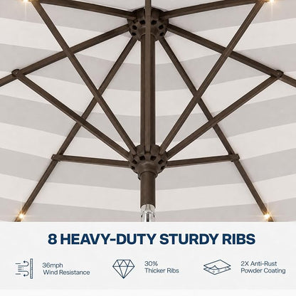 10FT Solar Patio Umbrella with Lights, Outdoor Table Market Umbrella with 32 LED Lights, 8 Sturdy Ribs, Push Button Tilt and Crank for Pool, Deck and Garden, UV-Resistant