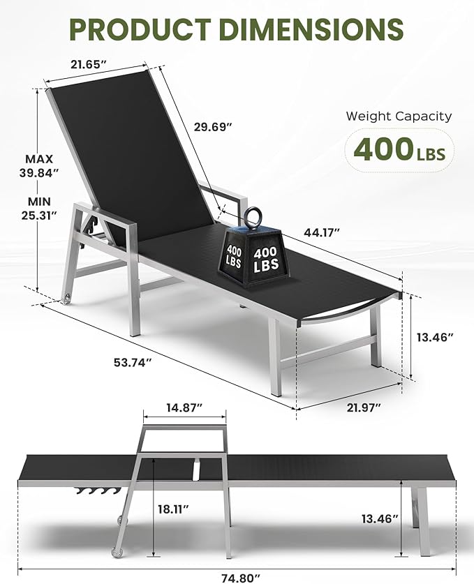 Patio Chaise Lounge Chair Outdoor with Wheels&Armrests, Aluminum Pool Lounge Chairs Five-Position Adjustable Recliner with Side Table, Outdoor Beach Lounge Chairs for Poolside, Deck, Garden, Black