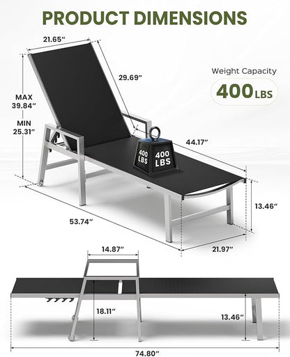 Patio Chaise Lounge Chair Outdoor with Wheels&Armrests, Aluminum Pool Lounge Chairs Five-Position Adjustable Recliner with Side Table, Outdoor Beach Lounge Chairs for Poolside, Deck, Garden, Black