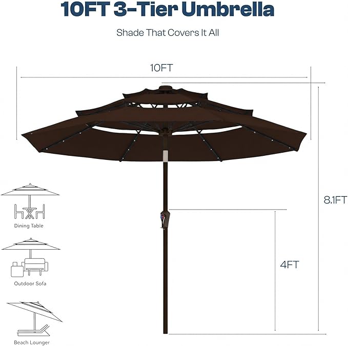 10FT Patio Umbrella 3 Tiers with LED Light Outdoor Market Umbrella w/Push Button Tilt, Crank, UV and Waterproof Table Umbrella for Garden, Pool, Backyard, Deck, Lawn, Brown