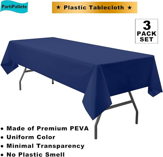 3-Pack Premium Plastic Deep Navy Blue Tablecloth Disposable 54 x 108 Inch. Rectangle Table Cover PEVA Party Marine Midnight Blue Table Cloths for Parties Birthday Wedding Picnic Banquet