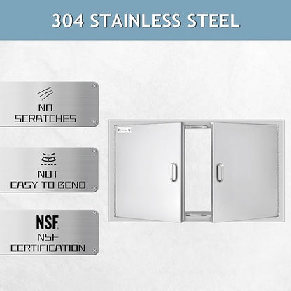 Hally BBQ Access Door 36" W x 21" H of 304 Stainless Steel Double Doors with 2 Detachable Handles and 6 Hooks, Outdoor Kitchen Doors for BBQ Island, Grilling Station, Outdoor Cabinet