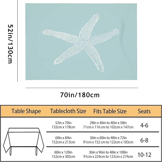 TKS MITLAN White Starfish Tablecloth 52 x 70 Inch Rectangular Ocean Wildlife Sketch Granular Tube Feet Tentacle Sea Cyan Oblong Table Cloth Kitchen Table Decorations for Home Dinner Party