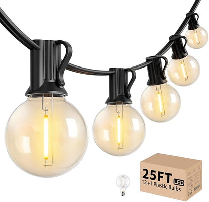 LACHON Outdoor String Lights Waterproof 25 FT with 12 G40 IP65 Bulbs | Dimmable,Connectable,Shatterproof,2700K Warm White,Perfect For Any Outdoor Space,Patio,Backyard,Cafe,Bistro,Porch,Market