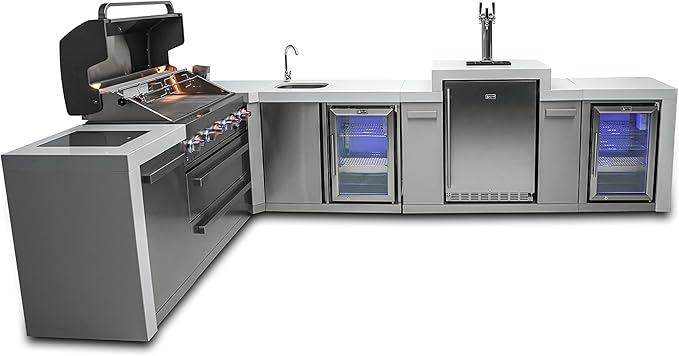 Mont Alpi 94"W x 136"D Deluxe L-shaped Stainless Steel Outdoor Kitchen Island + Refrigerator Faucet & Sink + 3-tap Kegerator Beer Dispenser + 44"W 6-Burner BBQ Gas Grill + Granite Countertops + Cover