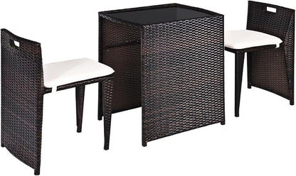 HAPPYGRILL 3 Pieces Wicker Patio Bistro Set, Outdoor Rattan Dining Set, Patio Furniture Set with Cushions for Yard Deck Garden Poolside