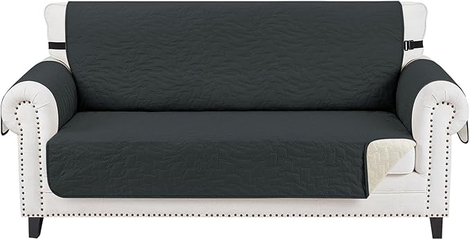 CUCRAF Non Slip Quilted Sofa Cover, Water Resistant Slipcover Furniture Protector for 2 Cushion Sofa Pet Friendly, Washable Couch Cover with Adjustable Elastic Straps (Medium-XL Loveseat, Black)