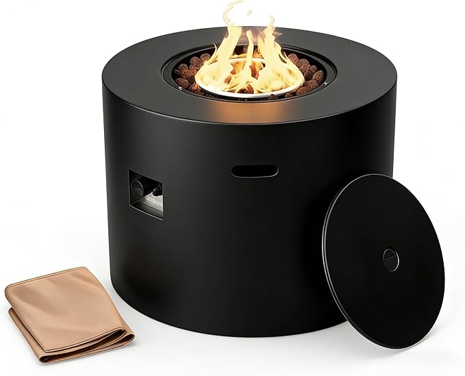 Mazatzal 32 Inch Propane Fire Pit Table, 50,000 BTU Round Gas Firepit with Lid & Cover, Alloy Steel Outdoor Fire Table for Patio, Backyard, Deck, Black