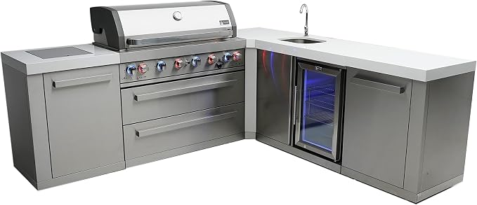 Mont Alpi Premium 94"W x 88"D L-shaped Stainless Steel Modular Outdoor Kitchen Island + Side Burner + Beverage Center Refrigerator Faucet & Sink + 44"W 6-Burner BBQ Grill + Storage Cabinets & Drawers