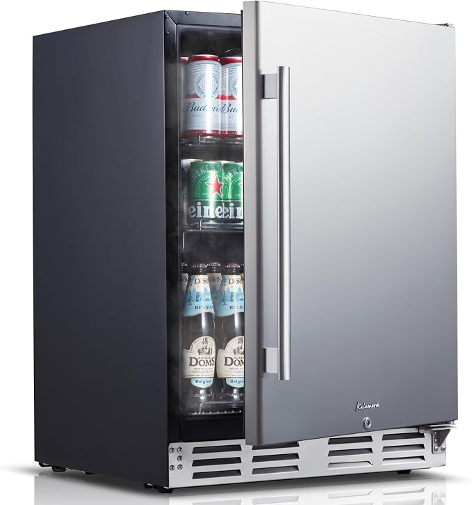 Kalamera 24 inch Stainless Steel Beverage Refrigerator, Outdoor Mini Fridge | Under Counter Beverage Cooler for 154 Cans with 32-41℉ Temperature Range - Soda, Beer Refrigerator with Soild Stainless Door