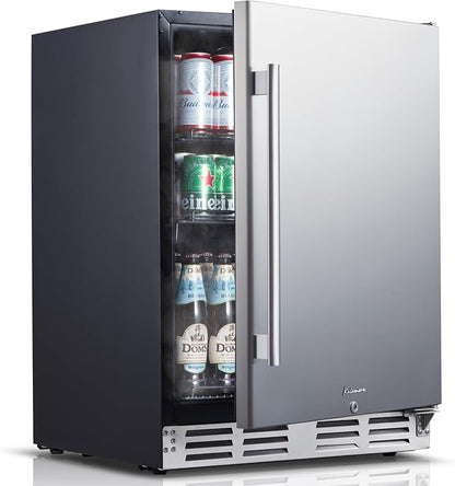 Kalamera 24 inch Stainless Steel Beverage Refrigerator, Outdoor Mini Fridge | Under Counter Beverage Cooler for 154 Cans with 32-41℉ Temperature Range - Soda, Beer Refrigerator with Soild Stainless Door