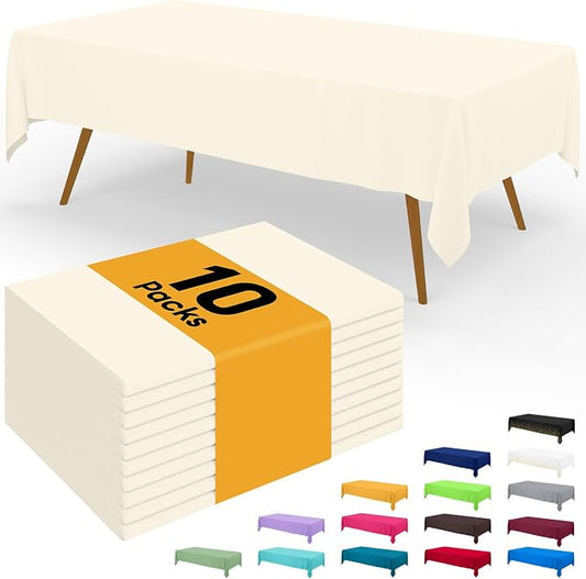 Smiry Disposable Table Cloth - 10 Pack, 54 x 108 Inch Waterproof Rectangle Tablecloths for Parties, Decorative Plastic Table Cover, Leakproof & Sturdy, Beige