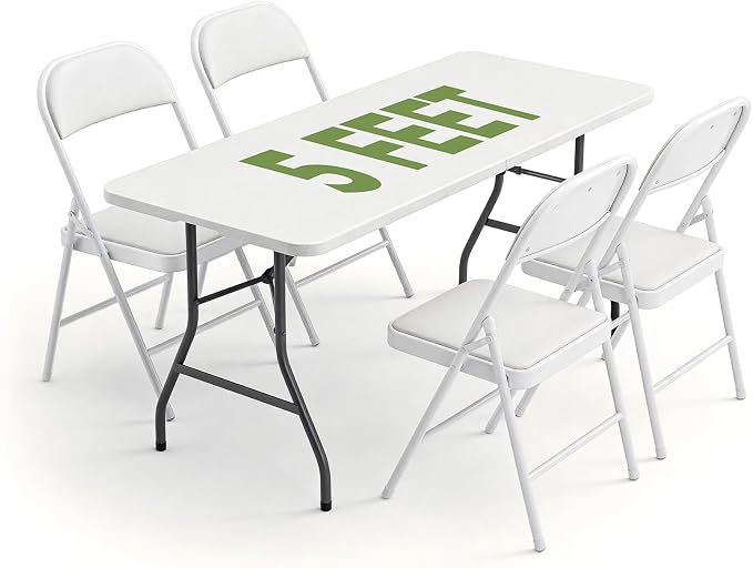 Folding Dining Table Set for 4, 5FT Foldable Plastic Table with Carrying Handle & 4 PU Leather Padded Folding Chairs, Portable Table and Chairs Set for Indoor Outdoor, Party, Wedding, Picnic, Camping