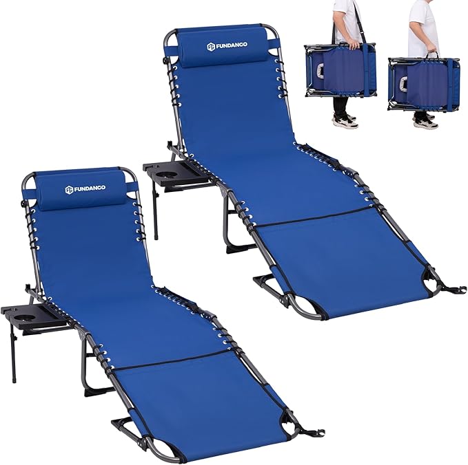 FUNDANGO 400lbs Tanning Chair with Face Hole & Canopy & Side Table, 5 Positions Beach Sunbathing Lounge Chair Facedown Chaise Lounge with Pillow for Pool Outdoor Camping Patio, Set of 2 Blue