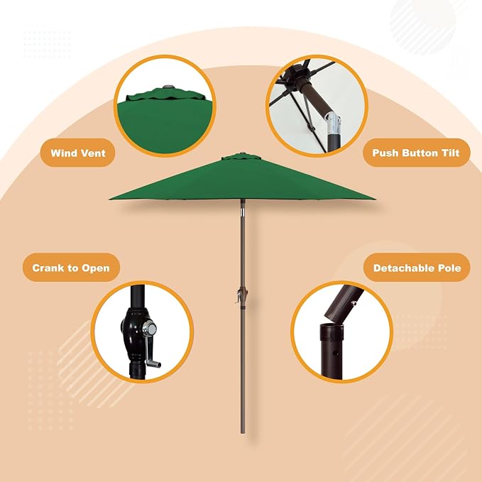 Sunline 7.5 ft Patio Umbrella with Crank & Push Button Tilt, Outdoor Market Umbrella with UV Protection & Wind Vent and Fiberglass Ribs, Metal Frame for Deck, Pool & Table, Hunter Green