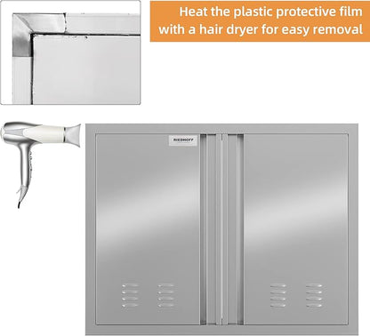26" W X 24" H BBQ Access Door, Outdoor Kitchen Double Doors with Recessed Handle and Vents, Thickened 304 Stainless Steel Outdoor Kitchen Accessories Door for Indoor, Outdoor, Silver