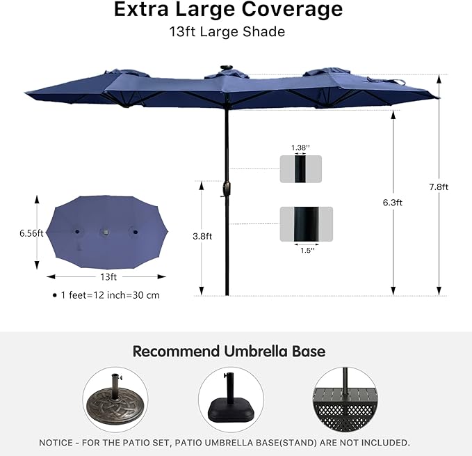FREE SOLDIER 13ft Patio Umbrella with 36 LED Solar Lights Double Sided Outdoor Umbrella for Patio Table Umbrella with Solar lights for Garden Yard Pool (Navy)