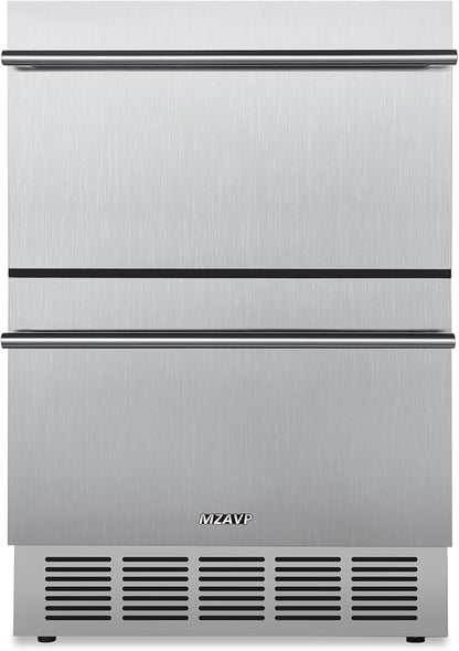 24 Inch Double Drawer Fridge, Stainless Steel Outdoor Beverage Refrigerator for Patio and Kitchen, Freestanding or Built-In, Mobile Grid Organizer, Home and Commercial Use