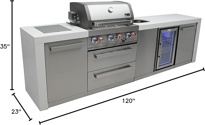 Mont Alpi Premium 120"W Deluxe Stainless Steel Modular Outdoor Kitchen Island with Refrigerator + 32"W 4-Burner BBQ Gas Grill + Faucet & Sink + White Granite Countertops + Storage Cabinets + Cover