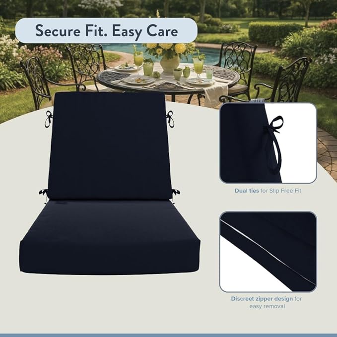 California Umbrella Outdoor Dining Chair, Set of 4 Patio Seat Cushions, 20 x 40 Inch, Premium Outdoor Memory Foam, Fade Resistant, Sunbrella Fabric, Fabric Ties, Navy
