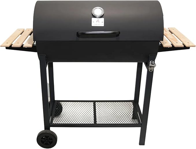 Charcoal Portable BBQ Grill with Wooden Shelf and Wheels, 49.2 in (125 cm) Wide