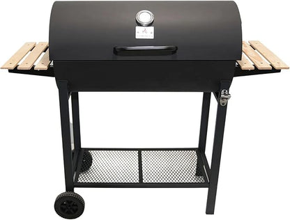 Charcoal Portable BBQ Grill with Wooden Shelf and Wheels, 49.2 in (125 cm) Wide