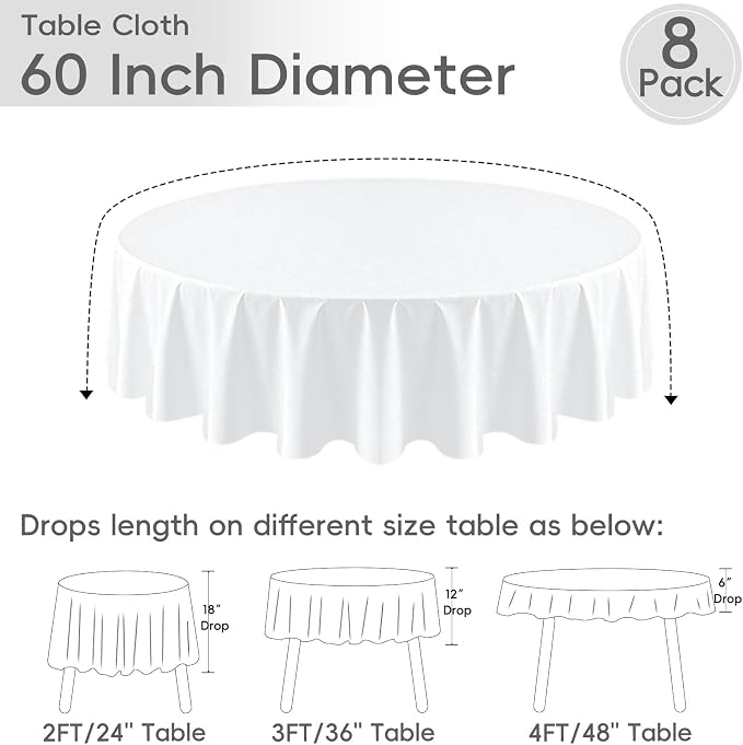 8 Pack White Round Tablecloth 60 Inch | For 2Ft-3Ft Round Table, Wrinkle Resistant Table Cloth, Washable Polyester Fabric, For Wedding Party Banquet Buffet Camping