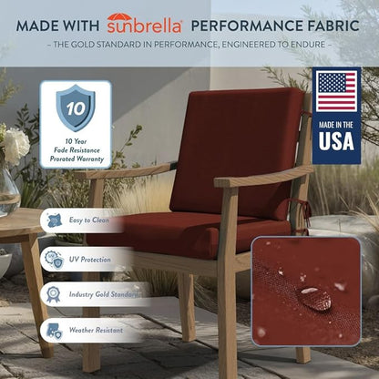 California Umbrella Outdoor Dining Chair, Set of 2 Patio Seat Cushions, 20 x 40 Inch, Premium Outdoor Memory Foam, Fade Resistant, Sunbrella Fabric, Fabric Ties, Terracotta