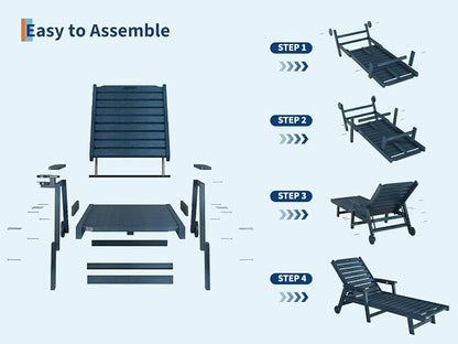 Garvee Lounge Chair Outdoor with Wheels & 5-Position Adjustable Backrest, Oversized Chaise Lounge with 2 Move Handle, HDPE Outdoor Lounge Chair w/Detachable Cup Holder, for Patio, Pool,Navy Blue