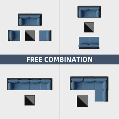 SUNLEI 5 Piece Patio Furniture Sets, Low Back All-Weather Rattan Sectional Sofa with Tea Table&Washable Couch Cushions, Patio Furniture Sets, Black Rattan (Aegean Blue)
