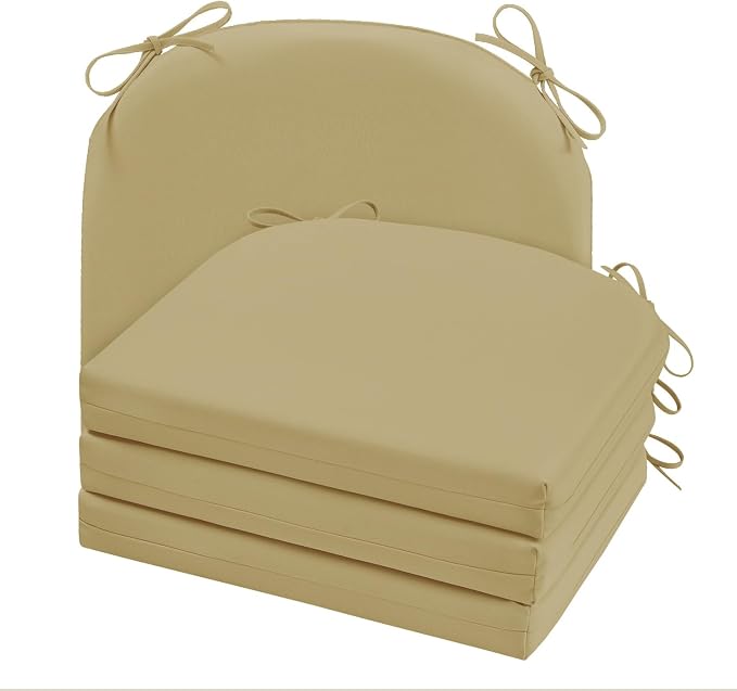 Cozyide Outdoor Chair Cushions, Waterproof Patio Seat Cushions with Adjustable Straps, Round Corner Patio Chair Cushions for Garden, Khaki, 17x16x2 Inch (Pack of 4)