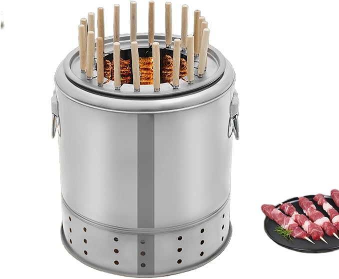 Smokeless Charcoal Hanging Grill with 20 Skewers, Portable Vertical Charcoal Smoker, Stainless Steel BBQ Grill Bucket for Camping, Picnics & Backyard Parties (20 Skewers)