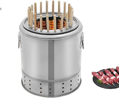 Smokeless Charcoal Hanging Grill with 20 Skewers, Portable Vertical Charcoal Smoker, Stainless Steel BBQ Grill Bucket for Camping, Picnics & Backyard Parties (20 Skewers)