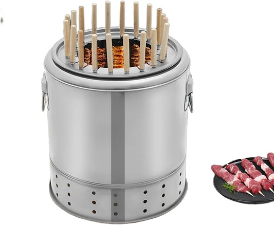 Smokeless Charcoal Hanging Grill with 20 Skewers, Portable Vertical Charcoal Smoker, Stainless Steel BBQ Grill Bucket for Camping, Picnics & Backyard Parties (20 Skewers)