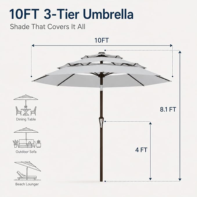 10ft Patio Umbrella, 3-Tier Vented Outdoor Table Umbrella with 8 Sturdy Fiberglass Ribs, Windproof Market Umbrella with Push Button Tilt and Crank, UV Protection for Deck, Pool, Light Gray