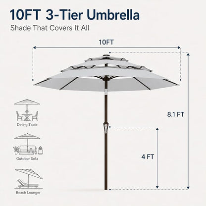 10ft Patio Umbrella, 3-Tier Vented Outdoor Table Umbrella with 8 Sturdy Fiberglass Ribs, Windproof Market Umbrella with Push Button Tilt and Crank, UV Protection for Deck, Pool, Light Gray