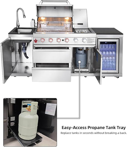 BBQ Outdoor Kitchen Island Grill Barbecue Modular Patio Kitchens Kits with Electric Rotisserie, Sink, fridge, and Burner for More than 10 People