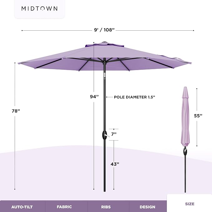 Midtown Umbrellas - 10-Year-No-Fade 9 Ft Patio Umbrella with Terylast Fabric, Auto-Tilt Aluminum Frame and 8 Reinforced Ribs for Deck, Pool, Garden & Beach - Purple Canopy, Black Pole