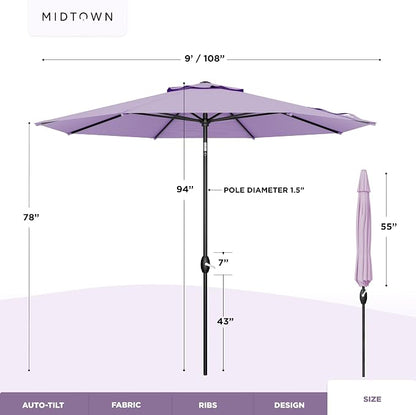 Midtown Umbrellas - 10-Year-No-Fade 9 Ft Patio Umbrella with Terylast Fabric, Auto-Tilt Aluminum Frame and 8 Reinforced Ribs for Deck, Pool, Garden & Beach - Purple Canopy, Black Pole
