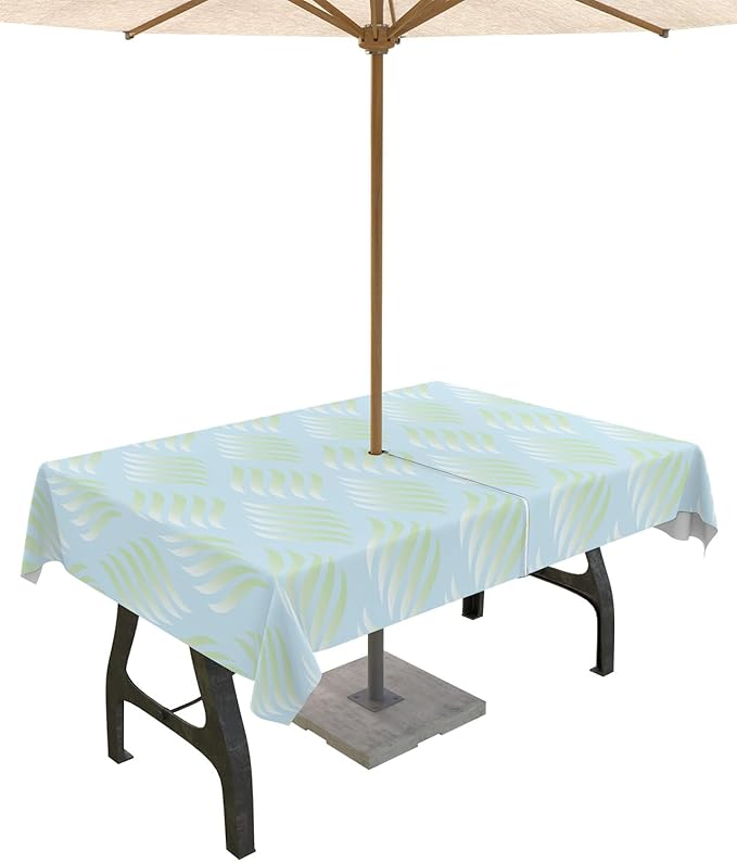 QueenKer Outdoor Tablecloth with Umbrella Hole, Abstract Leaves Lines Geometric Natural Patterns Ombre Green Rectangle Tables Waterproof Tabletop Collection for Patio, Garden 60 x 120''