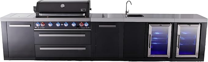 Mont Alpi Black Stainless Steel Premium 157"W Modular Outdoor Kitchen Island with 2 Refrigerators + Beverage Center Faucet & Sink + 44"W 6-Burner BBQ Grill + Side Burner + Storage Cabinets & Drawers